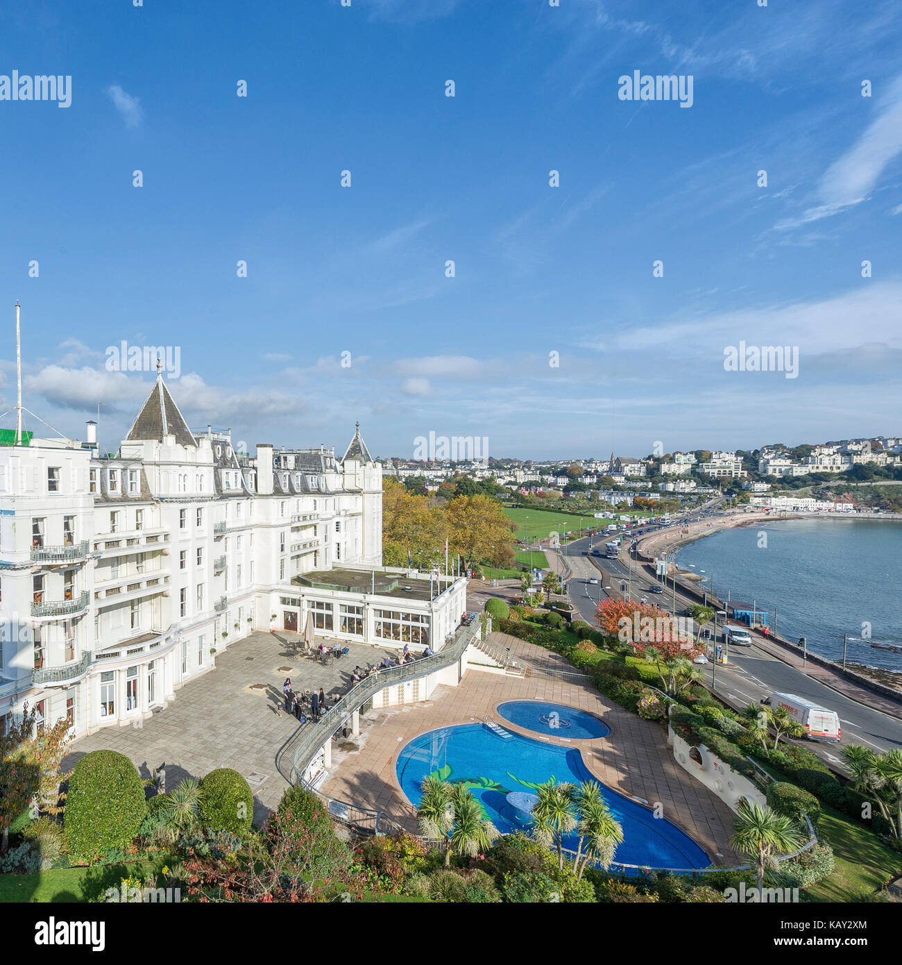 Rare shot of The Grand Hotel Torquay, Devon from a nearby private apartment. Stock Photo