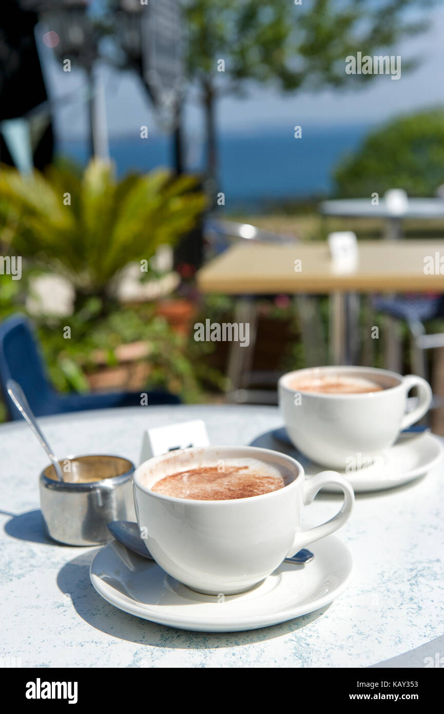 Two cappuccinos on an outside table at the Downs Hotel on Babbacombe Downs, Torquay, Devon, UK with an out of focus seaview in the background. Stock Photo