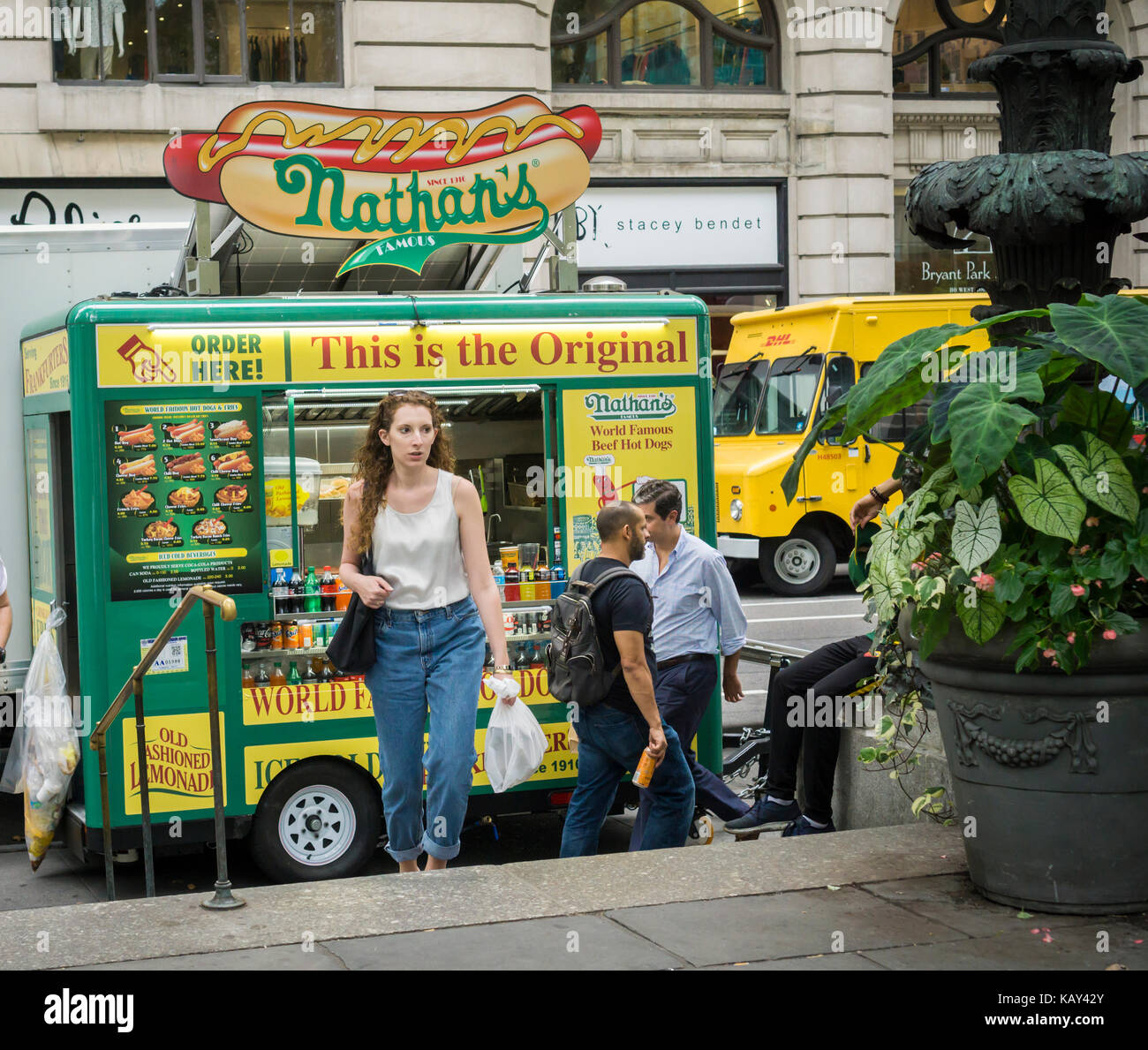 Breaking away from Coney Island a Nathan's Famous branded food cart sells their franks and other delicacies outside of Bryant Park in New York on Friday, September 15, 2017.  (© Richard B. Levine) Stock Photo