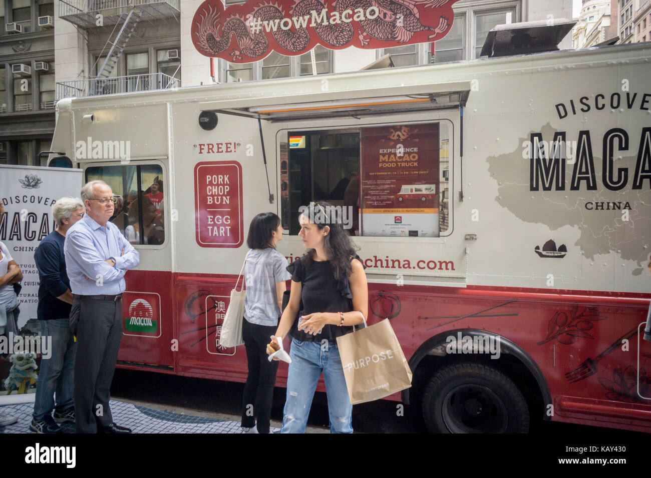 A food truck distributes samples of cuisine from Macao in New York on Tuesday, September 19, 2017 during a branding event for Macao Tourism. Macao is an autonomous region of China and was a Portuguese colony until it was returned to China on December 20, 1999. The Macao tourism office was promoting visits to the city touting the cuisine and the Portuguese influences. (© Richard B. Levine) Stock Photo