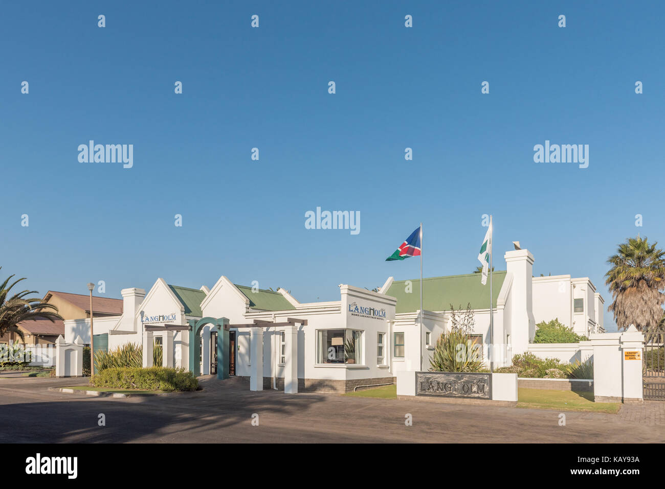 WALVIS BAY, NAMIBIA - JULY 1, 2017: The Langholm Hotel in Walvis Bay on the Atlantic Coast of Namibia Stock Photo