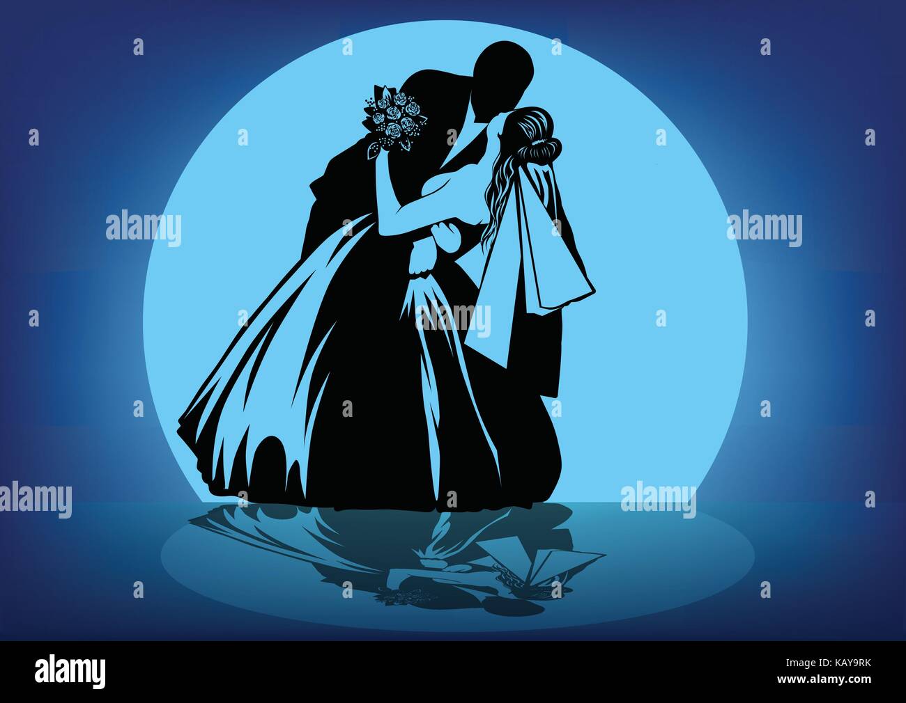 Silhouettes of kissing bride and groom against the background of the ...
