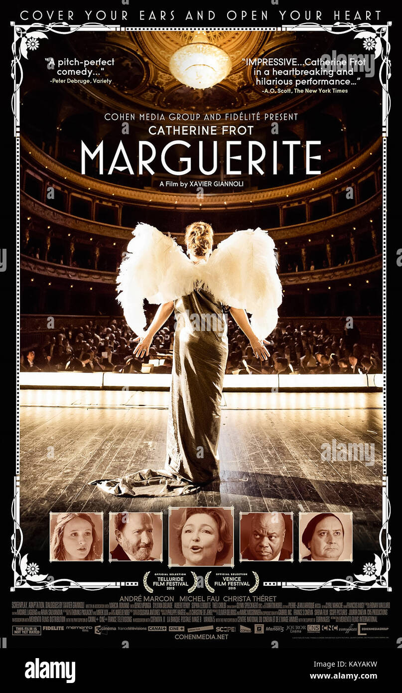 ‘Marguerite’ (2015) starring Catherine Frot as Marguerite Dumont who loves to sing badly supported by friends and family, the only problem is when fantasy becomes reality and she takes to the stage. Photograph of 2015 US poster. Credit: John Astor / Cohen Media Group Stock Photo