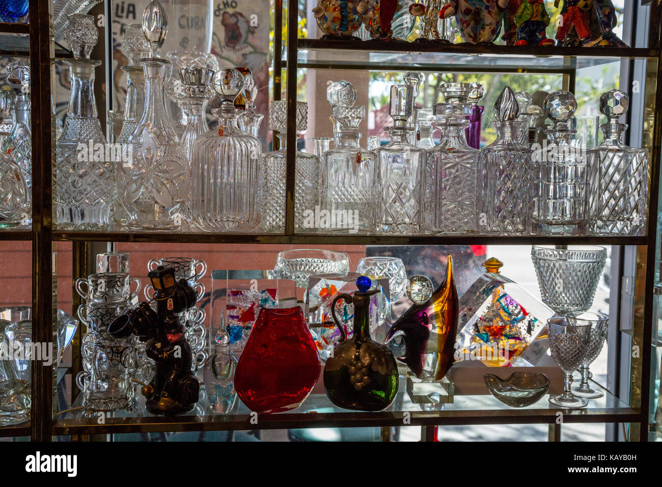 Miami, Florida.  Antique Glassware on Display in the Cubaocho Museum, Little Havana. Stock Photo