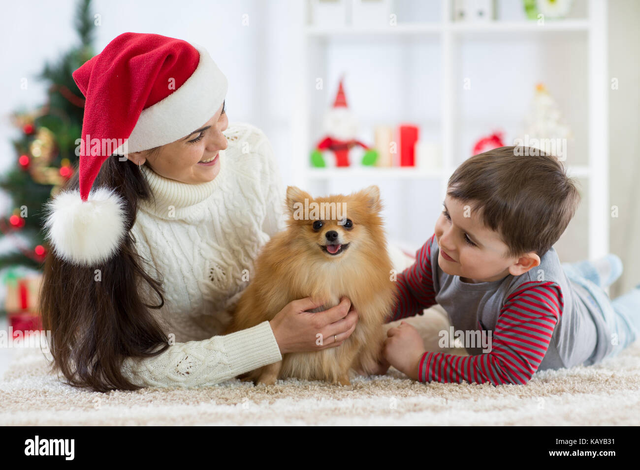 Woman and her son celebrating christmas with furry friend. Mother and kid with terrier dog. Pretty child boy with puppy at x-mas tree. Stock Photo