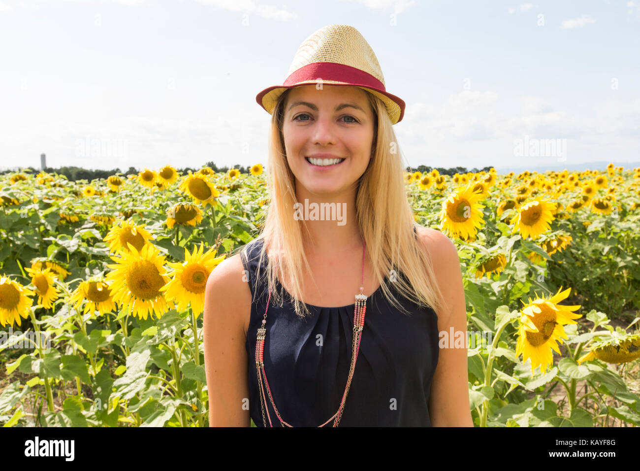 Woman with hat on sunflowers field at sunset Stock Photo - Alamy