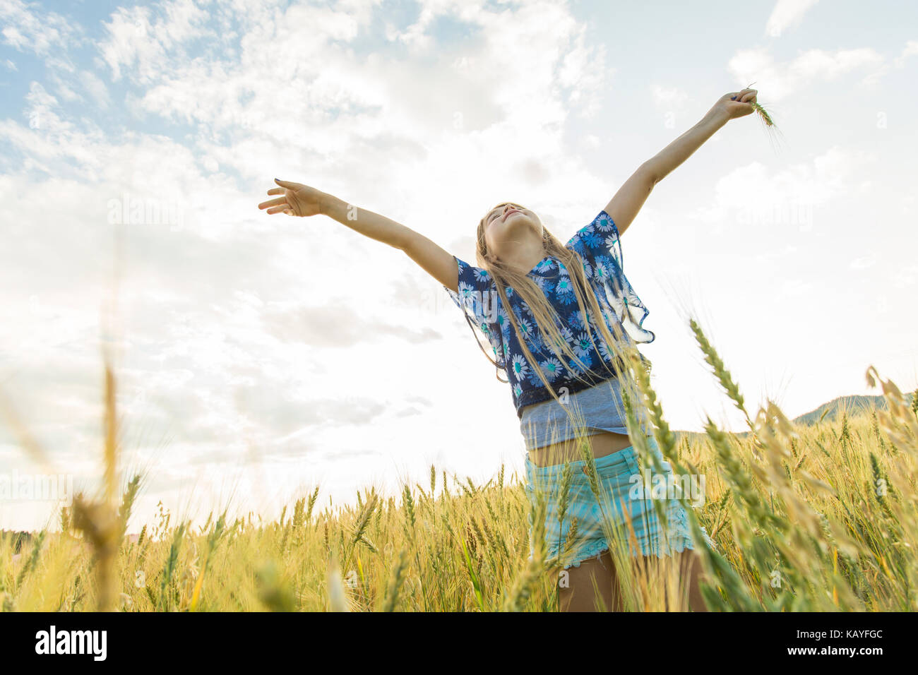Adorable little girl playing in the wheat field on a warm summer day ...