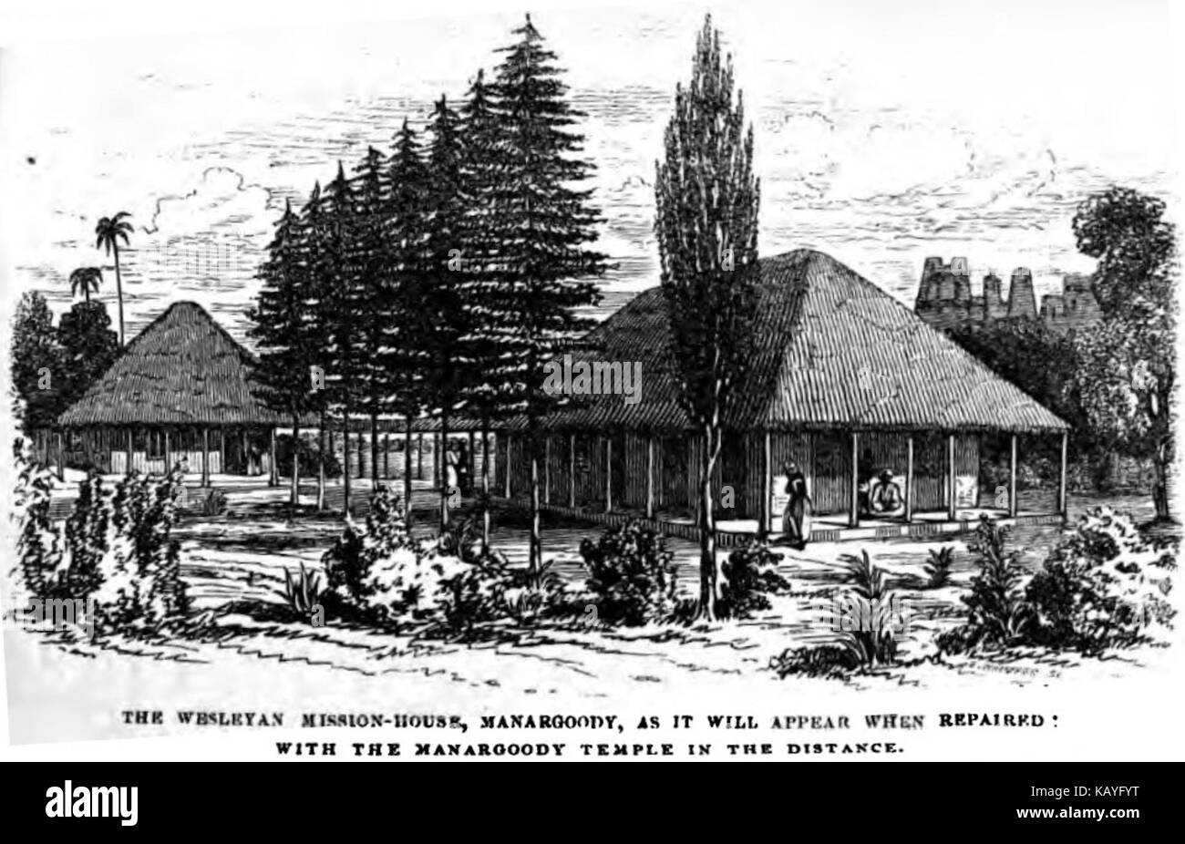 The Wesleyan Mission House, Manargoody, as it will appear when repaired, with the Manargoody Temple in the distance (November 1855, p.120, Rev. Thomas Hodson)   Copy Stock Photo