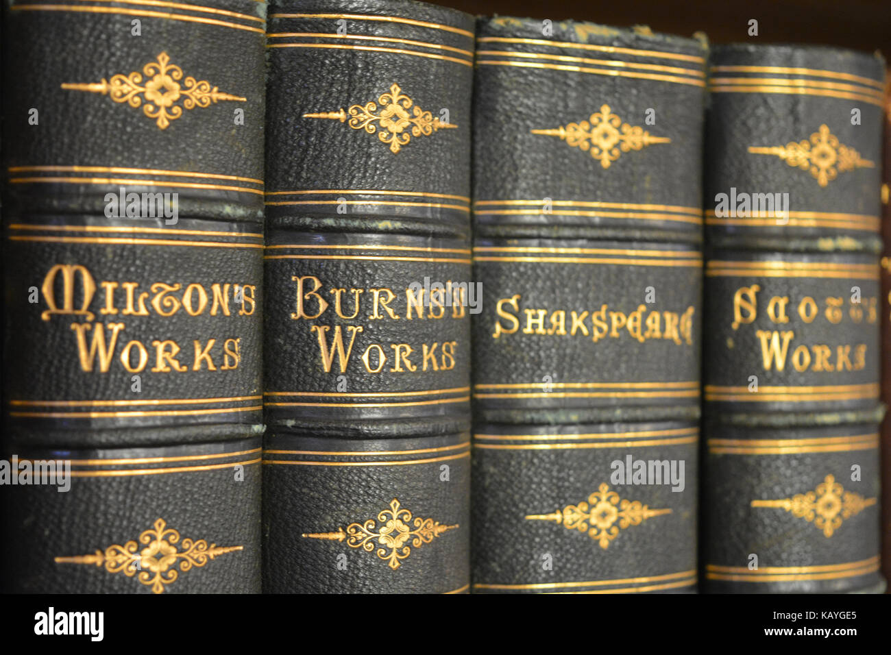 Antique books on a shelf in a bookcase Stock Photo - Alamy