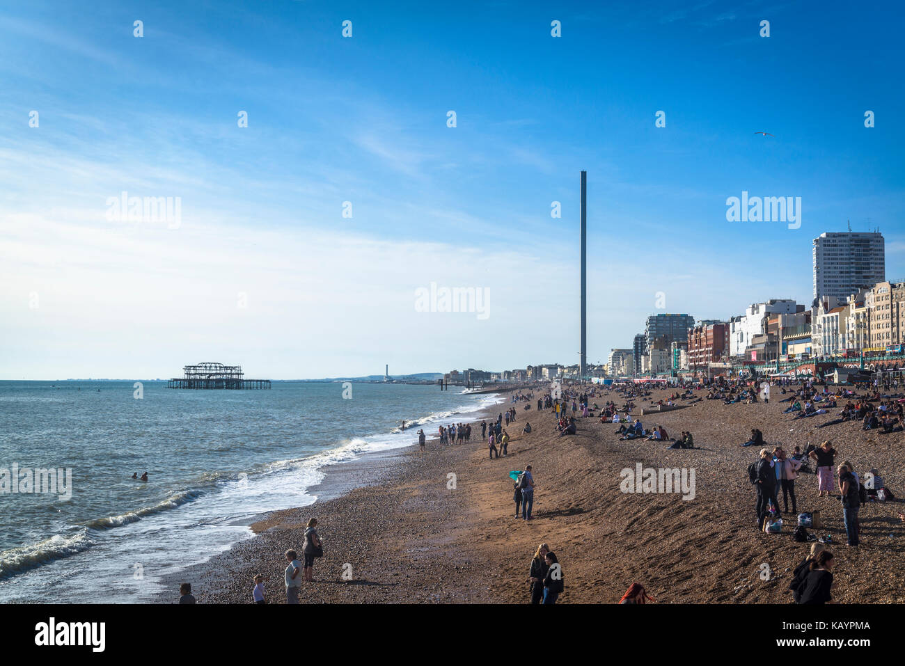 Brighton Beach, West Pier and British Airways i360 observation tower, Brighton, England, UK Stock Photo