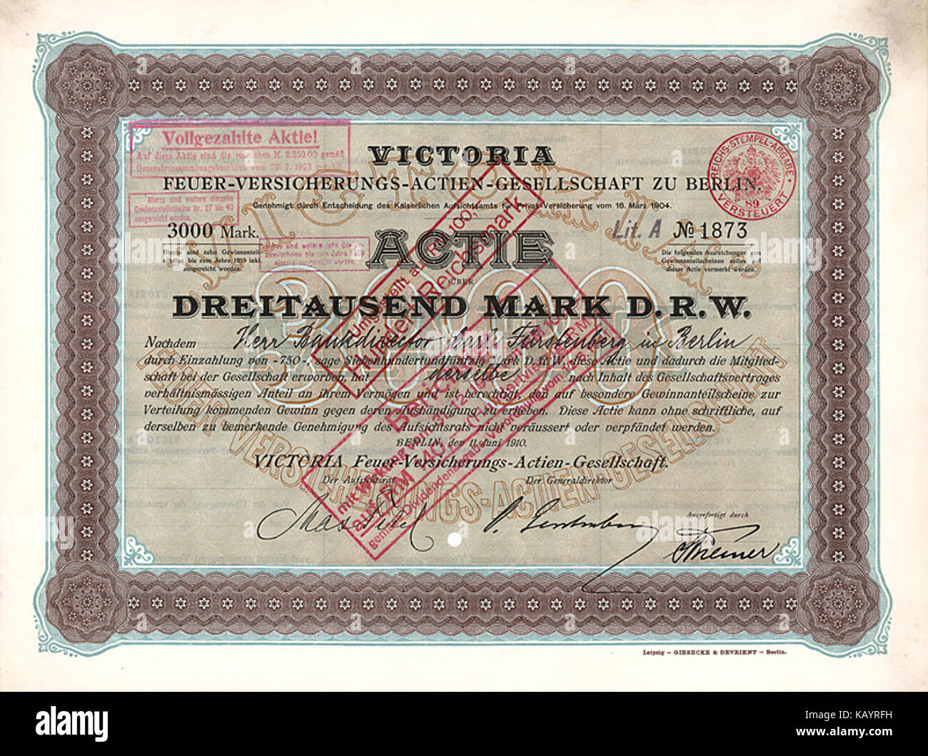 Victoria Feuer Versicherungs AG 3000 Mk 1910 Stock Photo Alamy