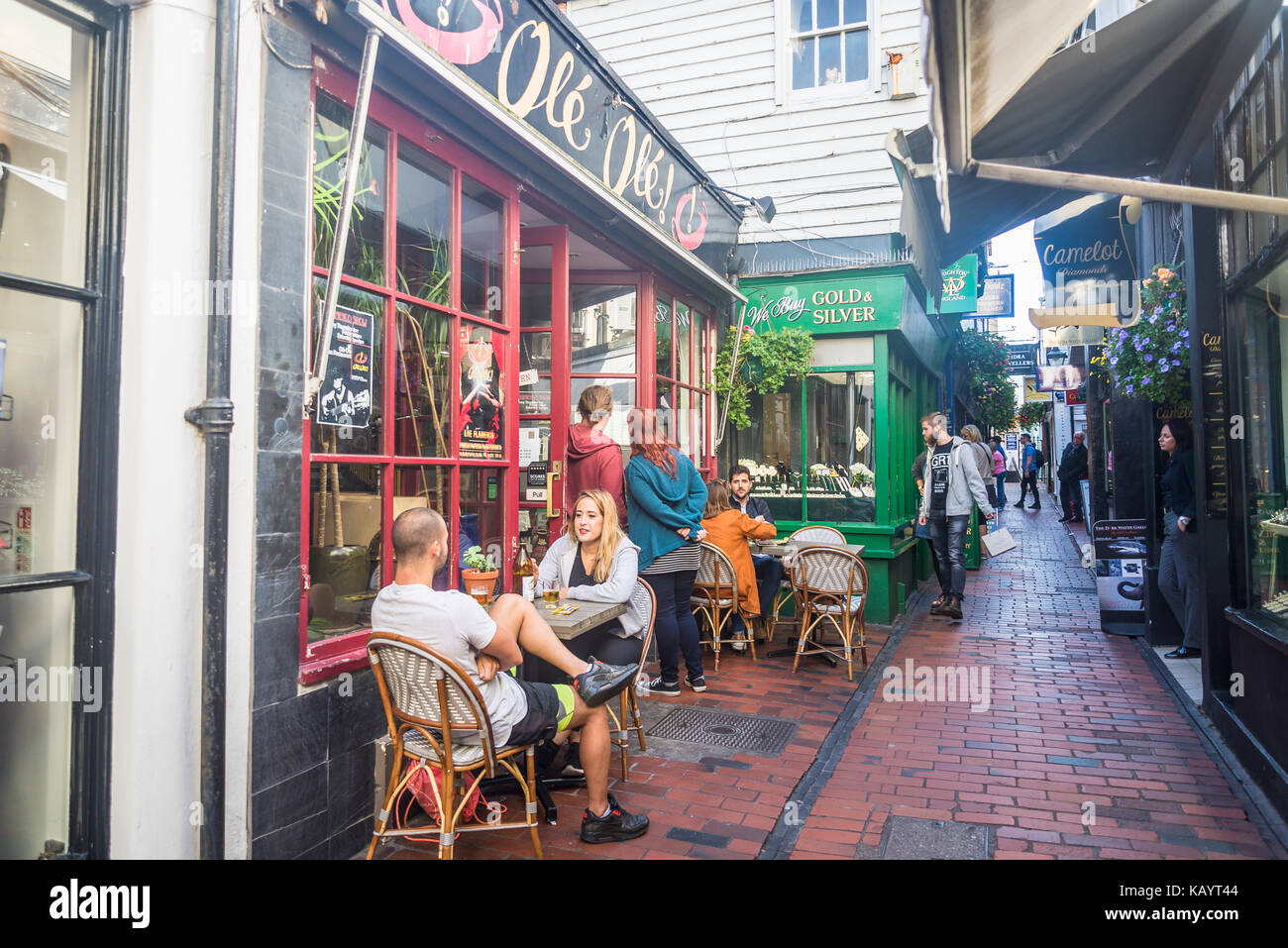 Cafe and shops, The Lanes, Brighton, England, UK Stock Photo