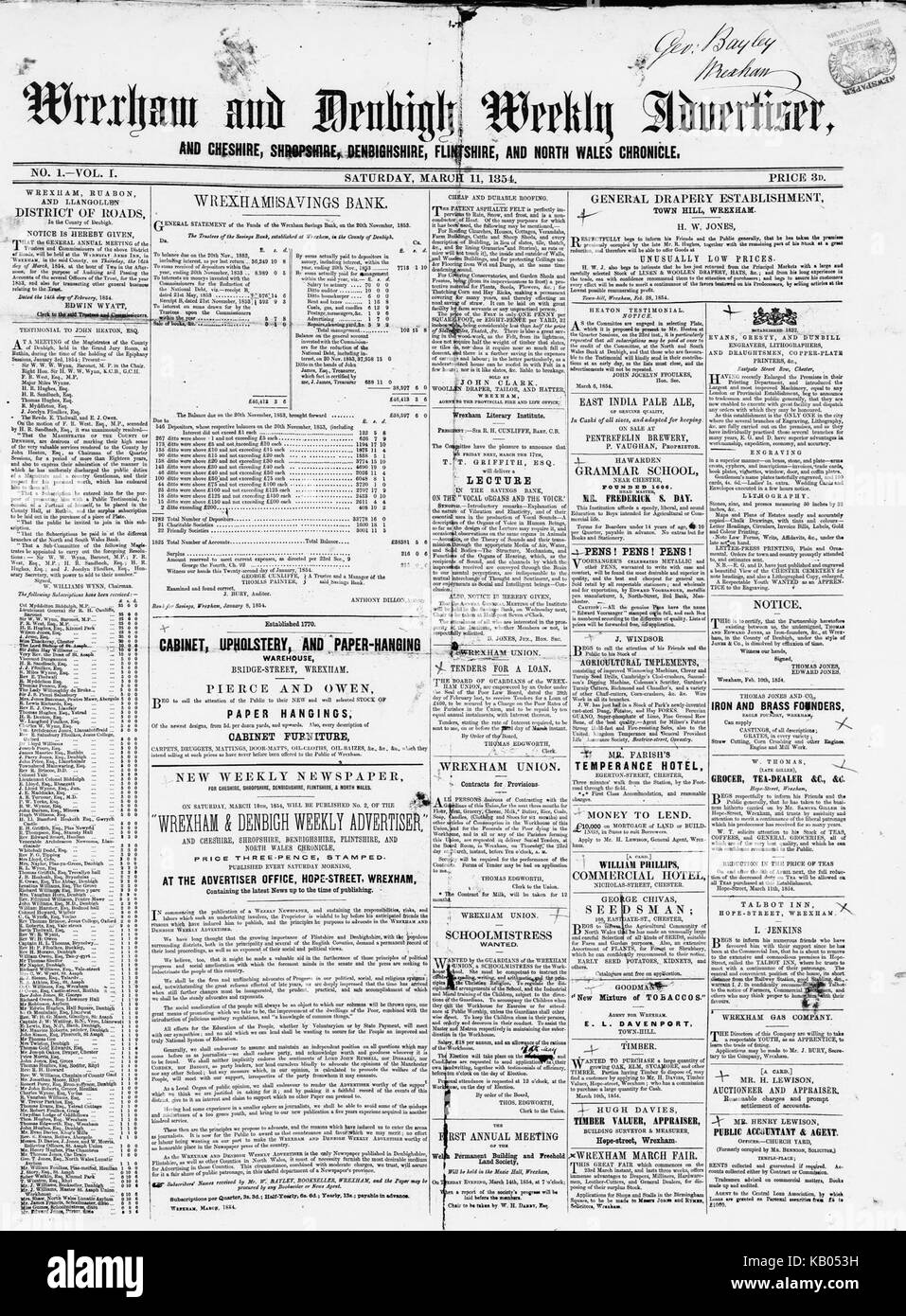 Wrexham and Denbigh Weekly Advertiser Mar 11 1854 Stock Photo