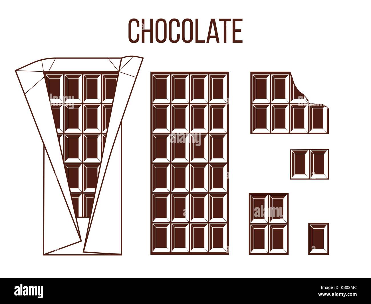 Stick of chocolate, stick of dark chocolate. Whole, bited, pieces, unfolded Stock Vector