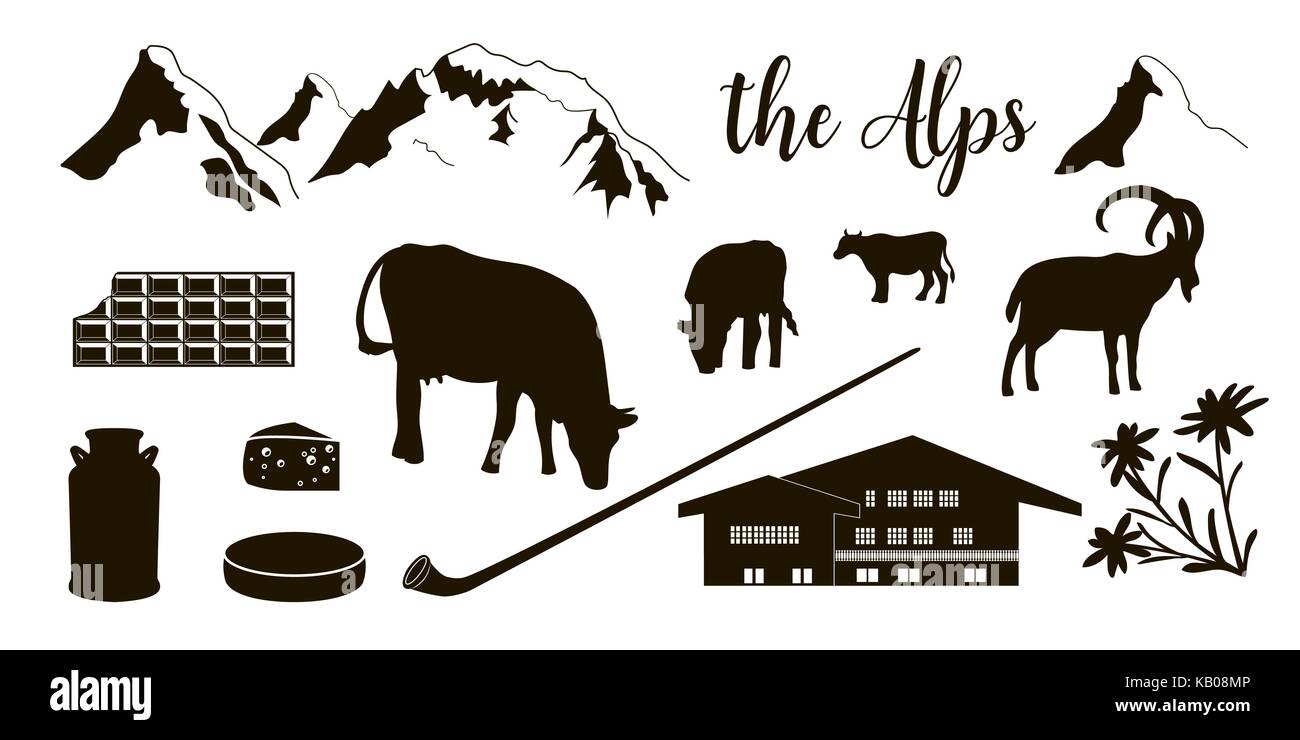 The Alps flat icons. Mountain Matterhorn, Alpine ibex, chalet, edelweiss flowers, alpenhorn Stock Vector