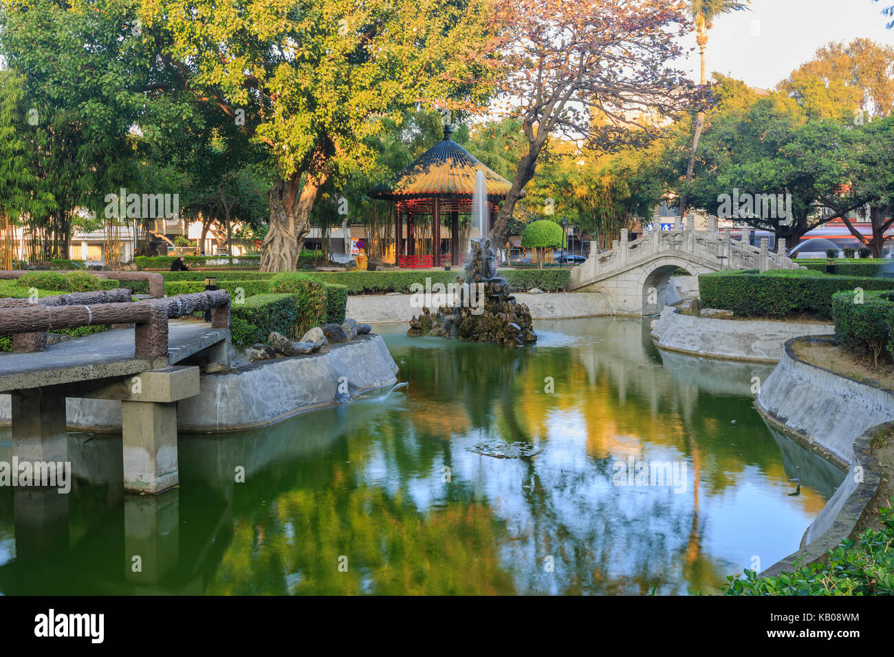 Small park with bridge, fountain at Tainan City, Taiwan Stock Photo