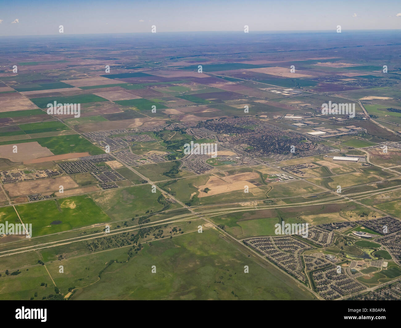 Aerial view of Aurora, view from window seat in an airplane, Colorado ...