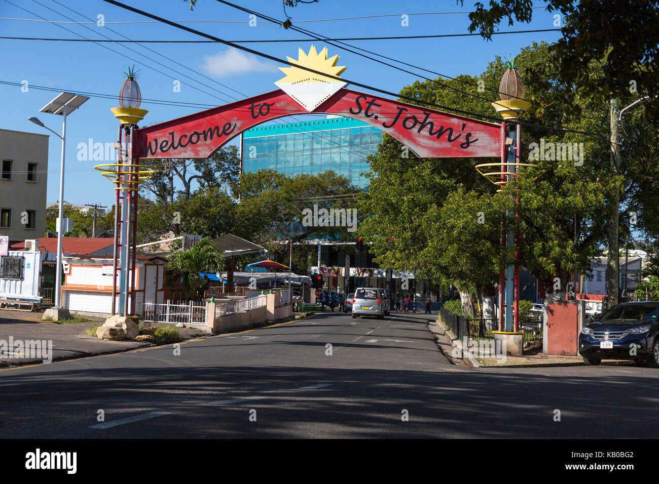 St. Johns, Antigua.  Welcome Arch, Early Morning. Stock Photo