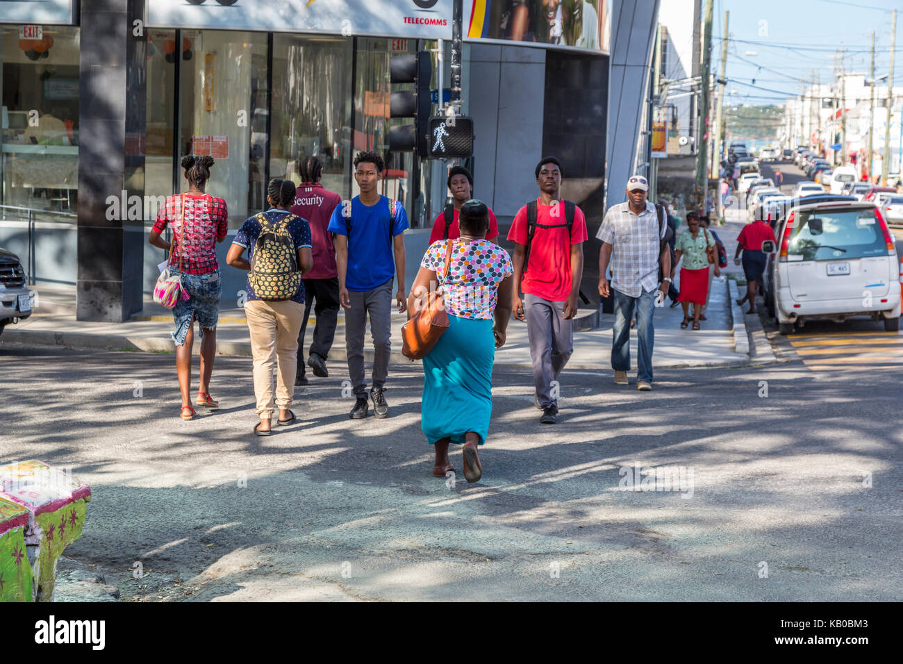 St. Johns, Antigua.  Street Scene with Pedestrians. Stock Photo