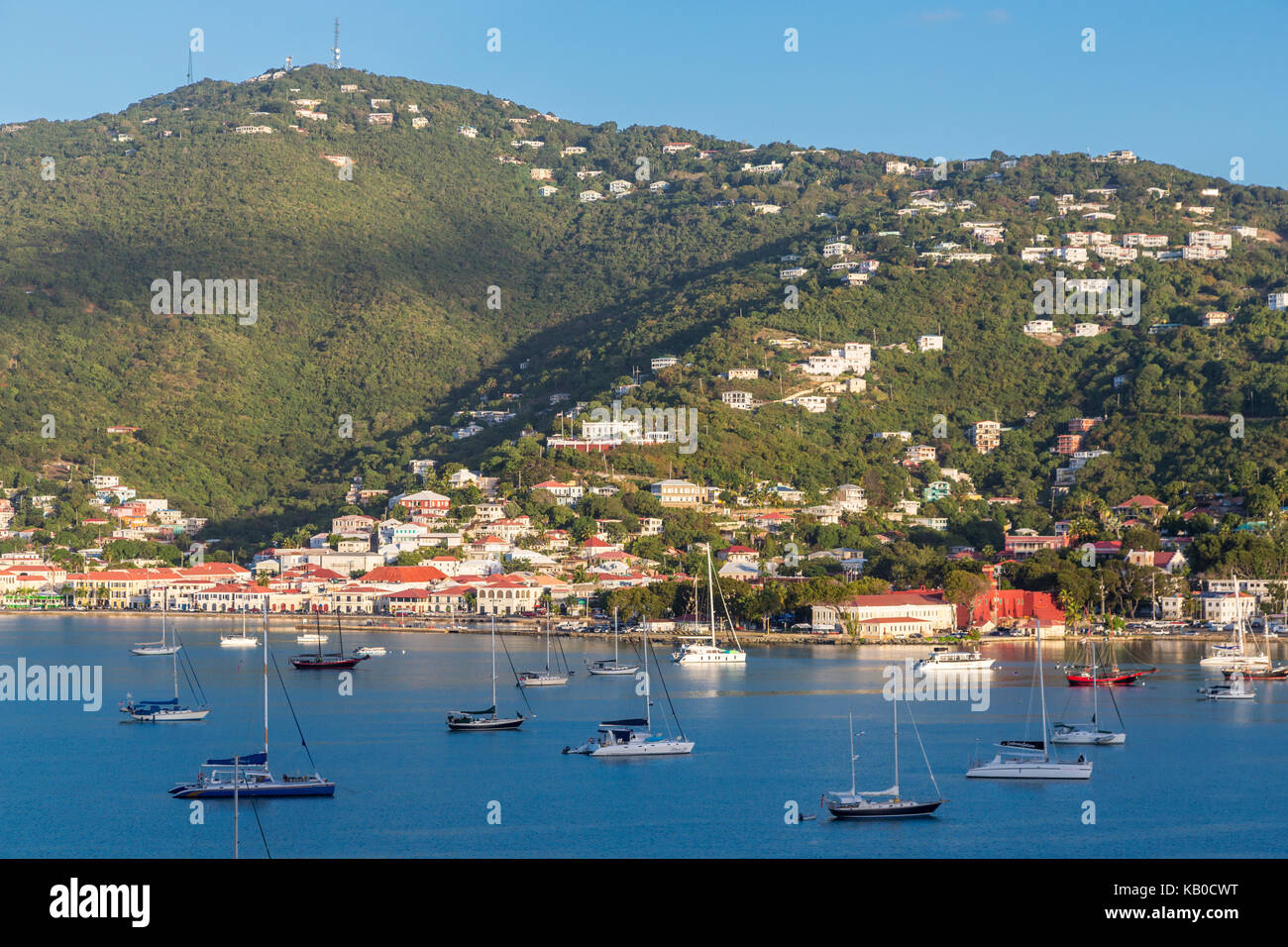 Charlotte Amalie, St. Thomas, U.S. Virgin Islands.  View of the Town While Approaching Cruise Ship Pier. Stock Photo