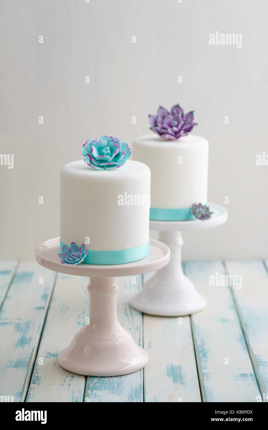 Two white mini wedding cakes covererd with fondant with gum paste succulents on cake stands Stock Photo