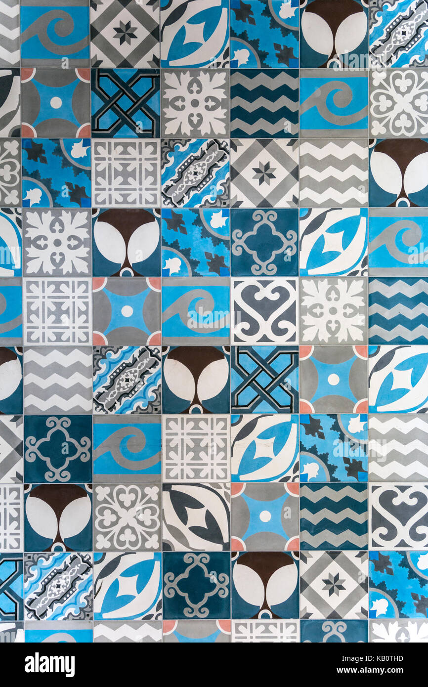 Blue, white and grey patterned tiles Stock Photo