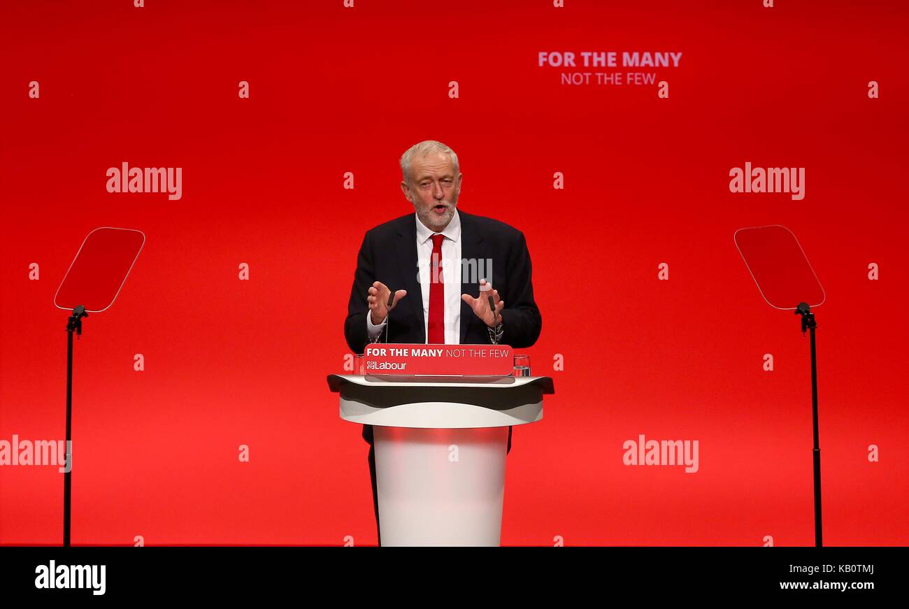 Labour Party leader Jeremy Corbyn delivers his closing keynote speech. Stock Photo