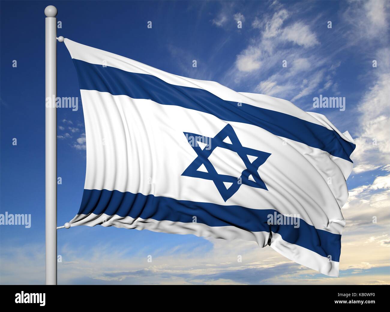 Waving flag of Israel on flagpole, on blue sky background Stock Photo ...