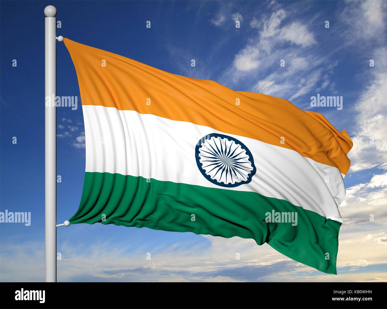 Waving flag of India on flagpole, on blue sky background. Stock Photo