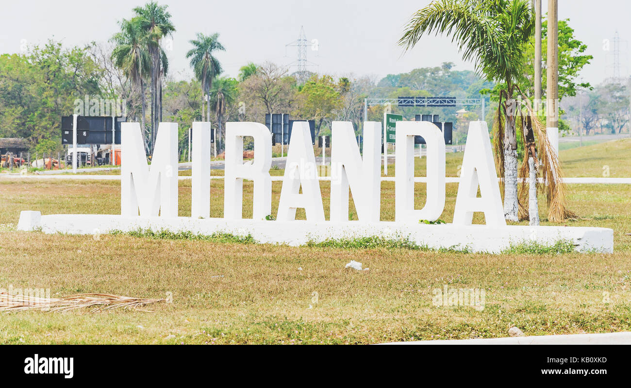 Miranda, Brazil - September 23, 2017: Welcome sculpture with the name of the city on the entrance of Miranda city, Mato Grosso do Sul, Brazil. Stock Photo