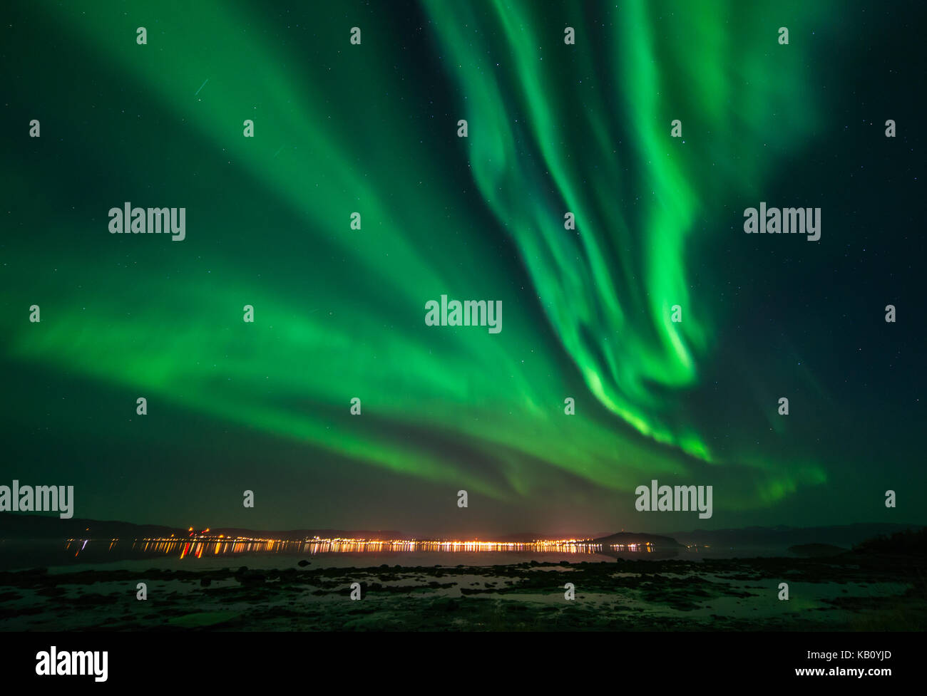 Northern lights, above Alta fjord, in Alta, Finnmark Norway Stock Photo