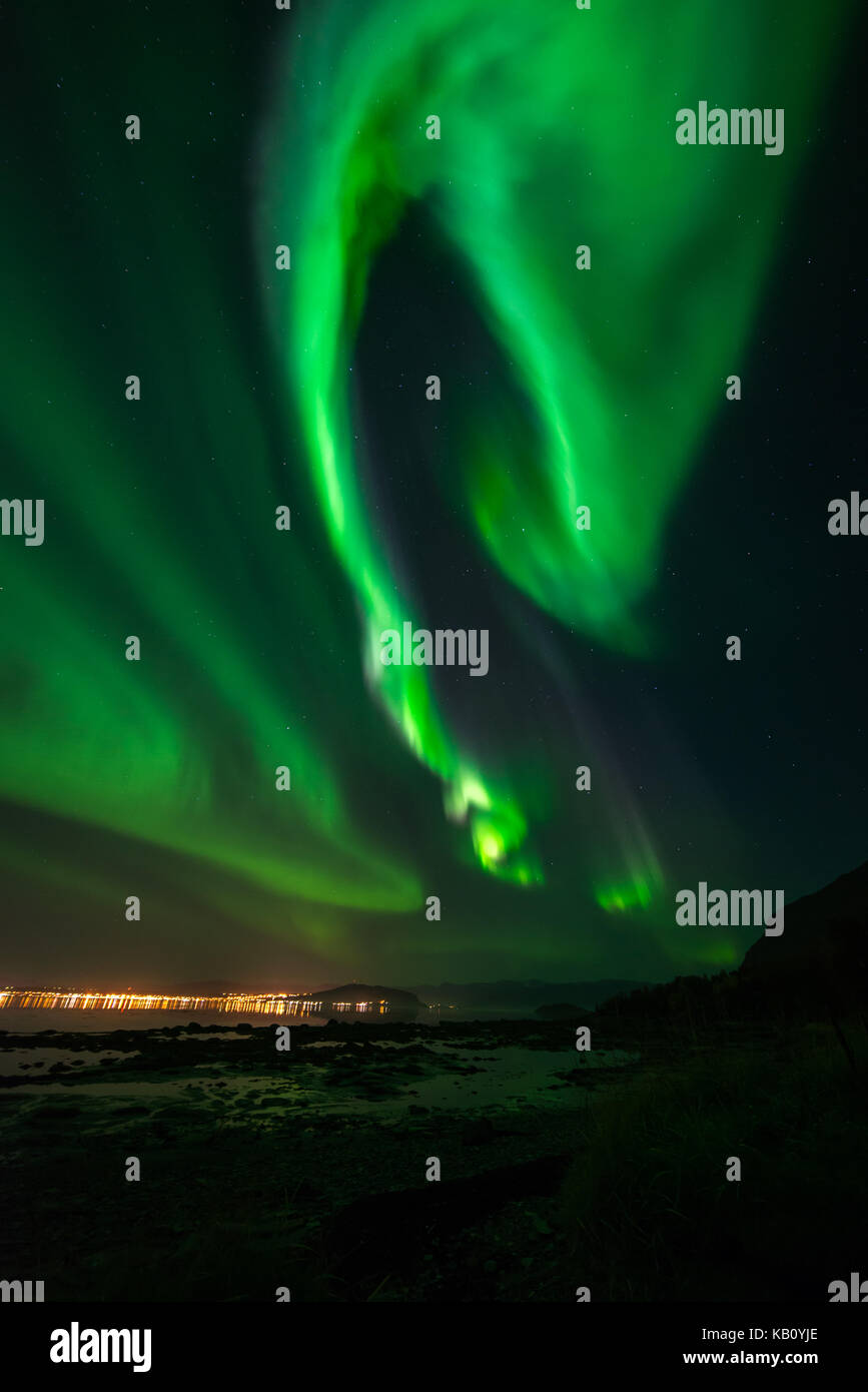 Northern lights, above Alta fjord, in Alta, Finnmark Norway Stock Photo