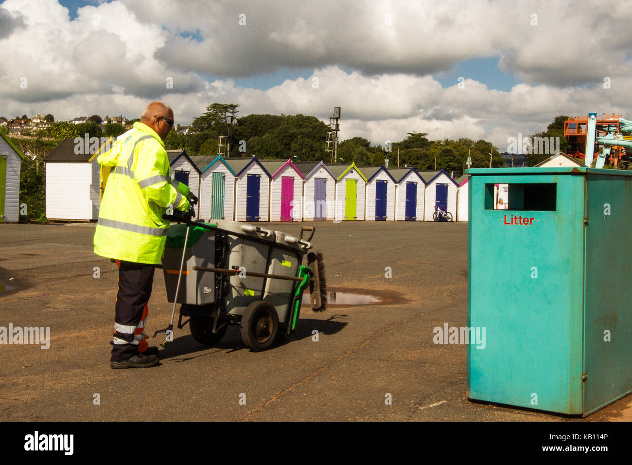 seaside beach rubbish bin litter collection, waste management Stock