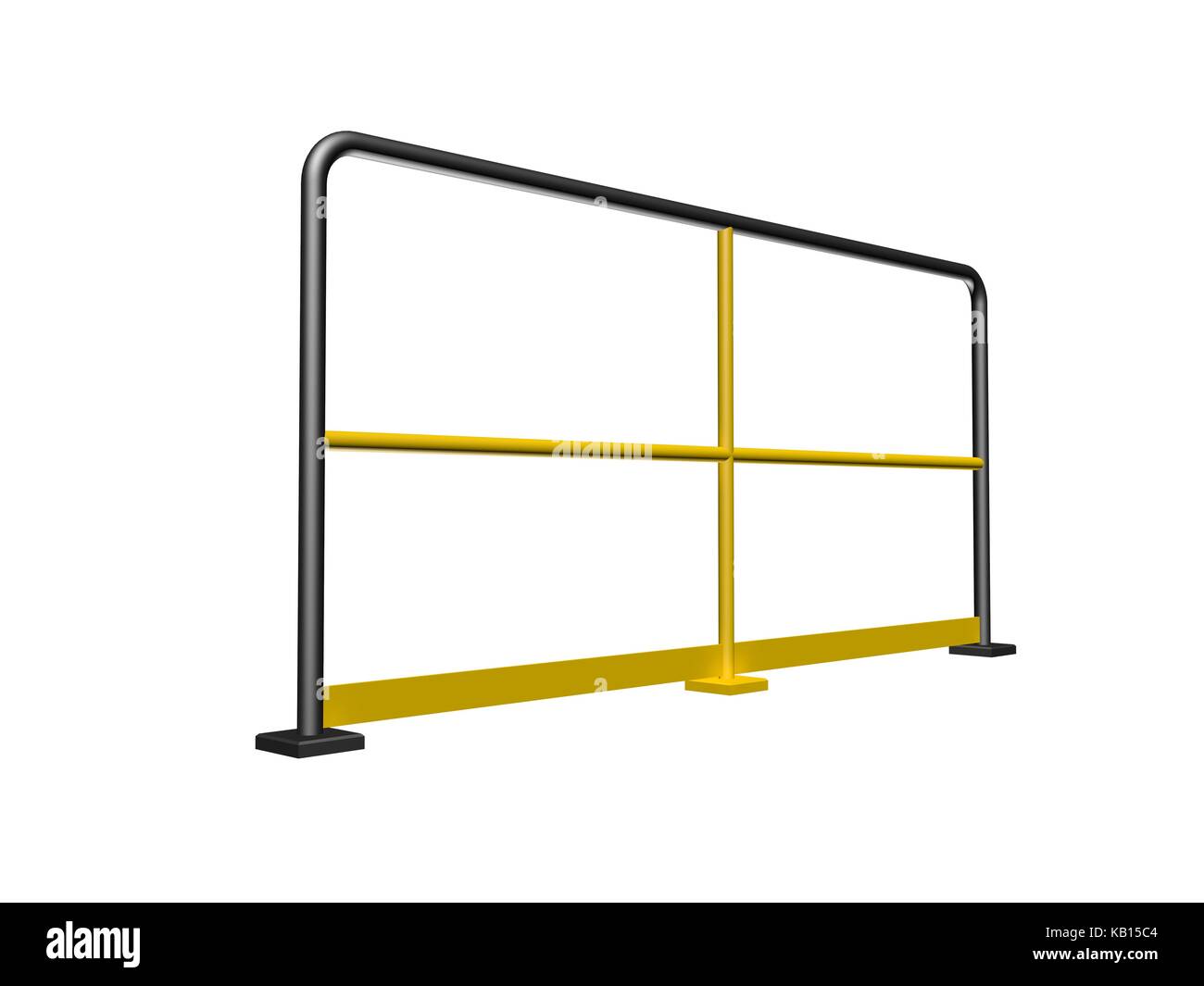 Side view of yellow and black industrial handrail railing section isolated on white background. 3d render illustration Stock Photo