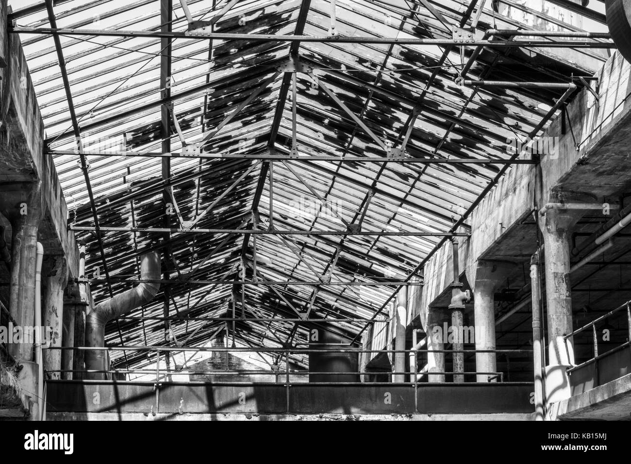 Interior of an abandoned factory in black and white. Broken glass and crumbling cement mark a once busy factory I Stock Photo