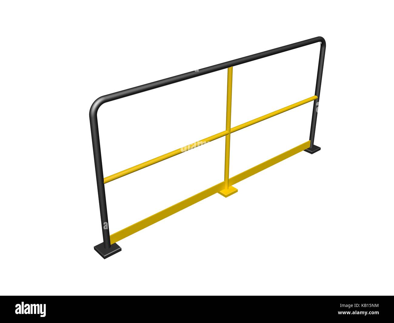 Side view of yellow and black steel industrial handrail railing section isolated on white background. 3d render illustration Stock Photo