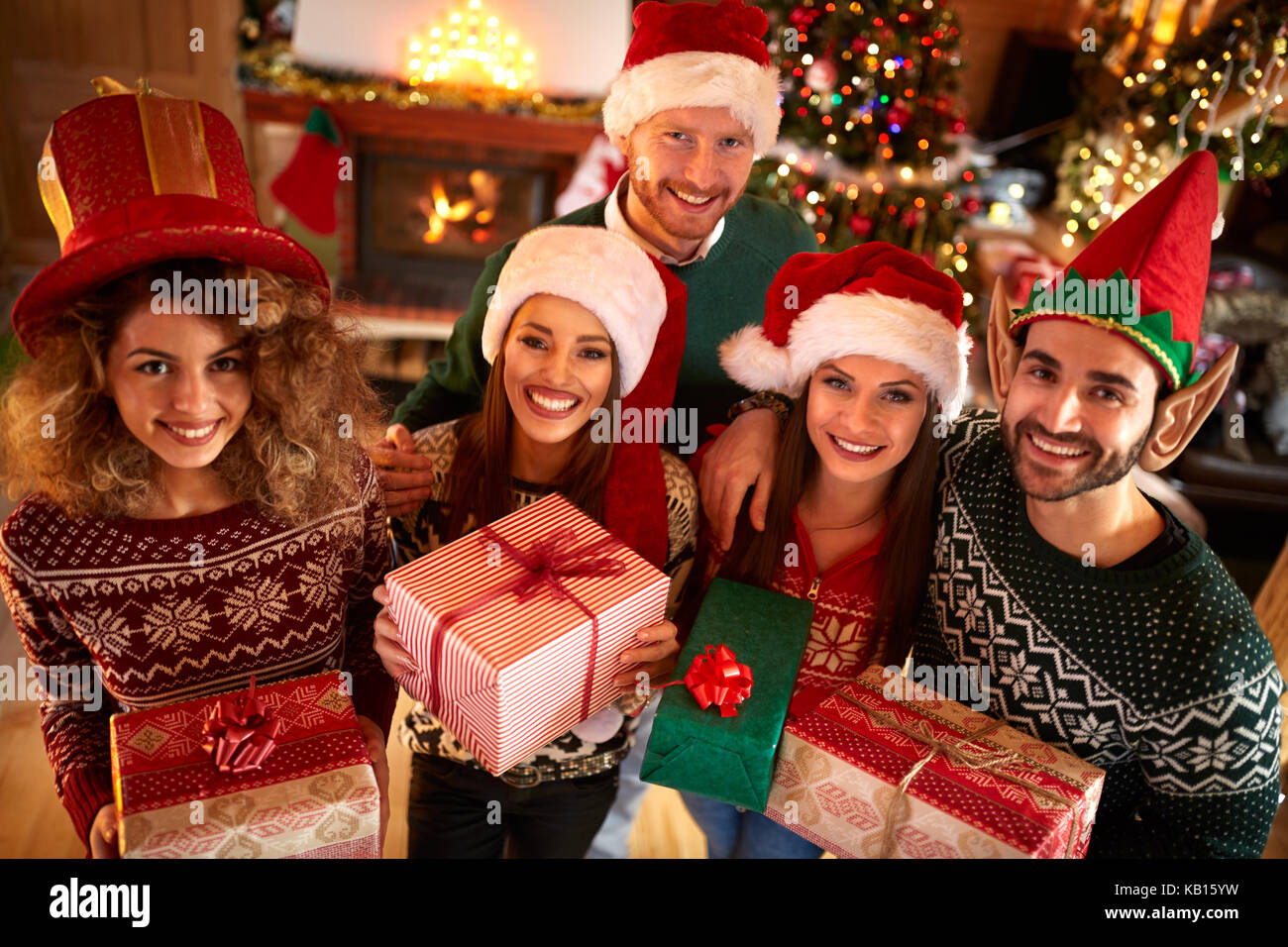 Young group of friends celebrating Christmas Stock Photo