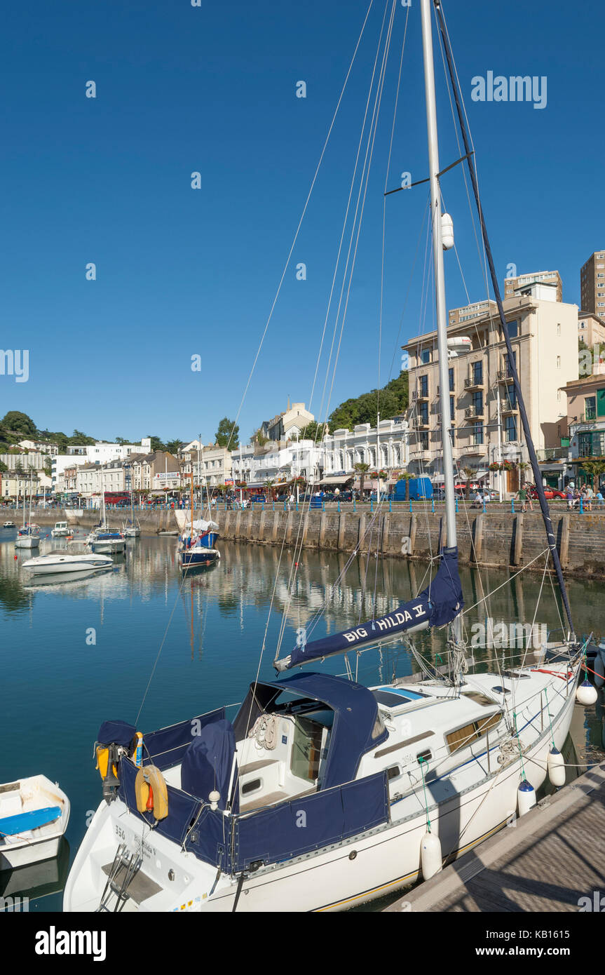 The Inner harbour in Torquay, Devon, UK on a sunny summer's day with clear blue skies. South West Coast Path, English Riviera, Seafood Coast. Stock Photo