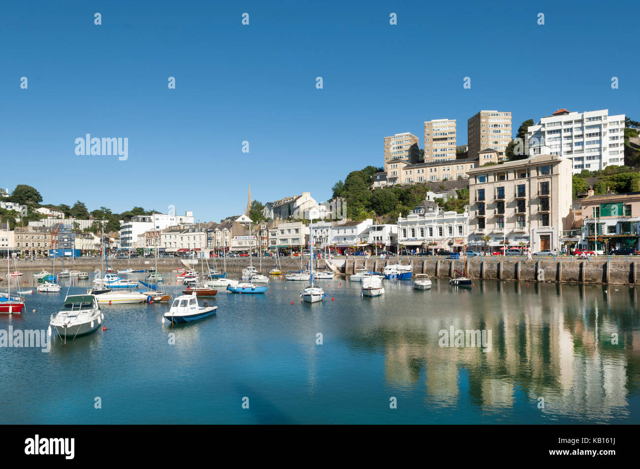 The Inner harbour and marina in Torquay, Devon, UK on a sunny summer's day with clear blue skies. Seafood Coast, English Riviera, Stock Photo