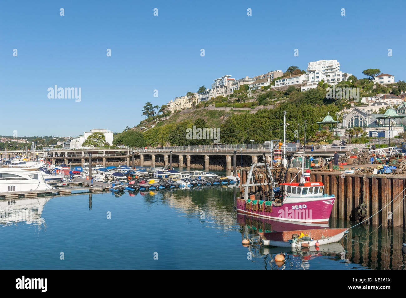 Torquay marina with The Princess Theatre and Pavilion, Fishing Boats