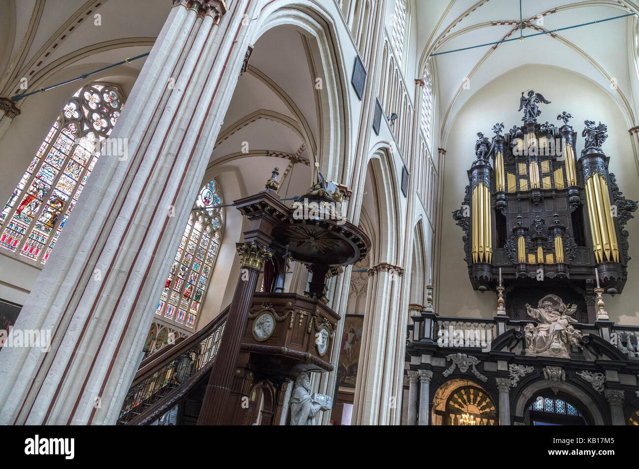 Interior of St. Salvators Cathedral in the historic city of Bruges in Belgium. The organ of the cathedral was originally built by Jacobus Van Eynde (1 Stock Photo