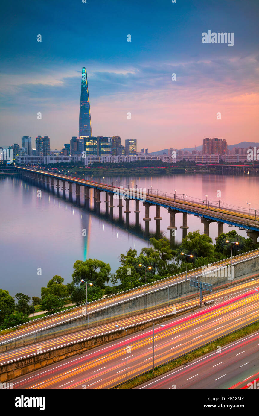 Seoul. Cityscape image of Seoul and Han River during summer sunset. Stock Photo