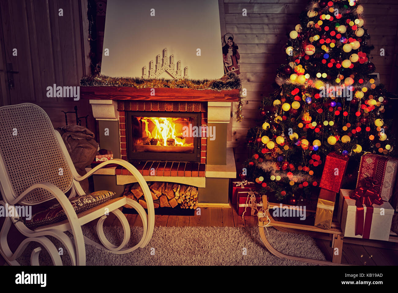 Christmas home, Christmas warm atmosphere in living room Stock Photo