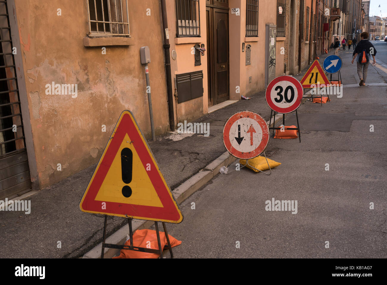 A general view of road signs in Ferrara in Italy. From a series of travel photos in Italy. Photo date: Sunday, September 17, 2017. Photo credit should Stock Photo