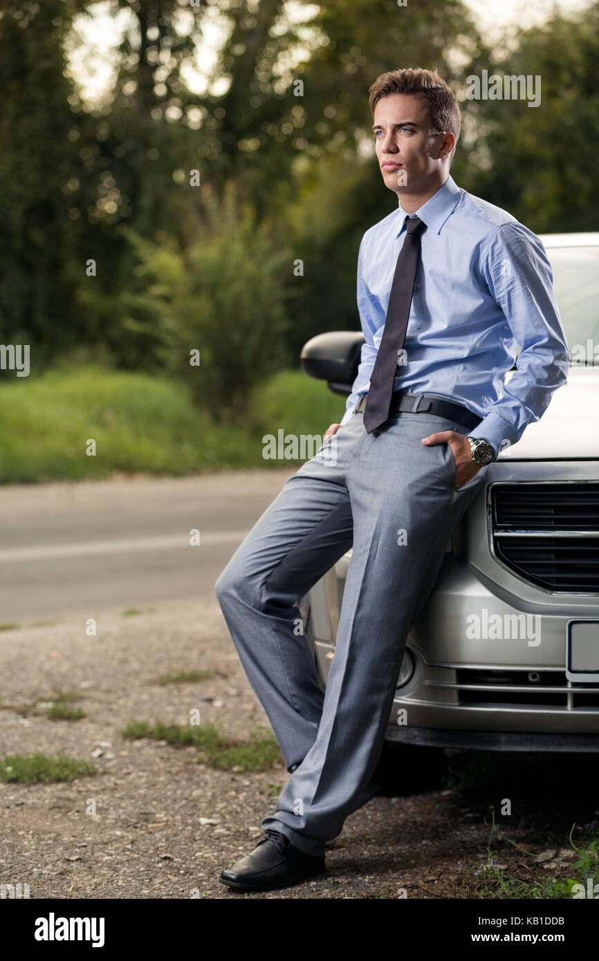 Handsome Man Denim Jacket Posing Black Classic Car – Stock Editorial Photo  © kiuikson #308784926