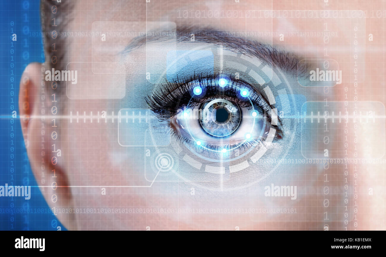 Technology scan female eye for security or identification, eye with scanner and computer interface Stock Photo