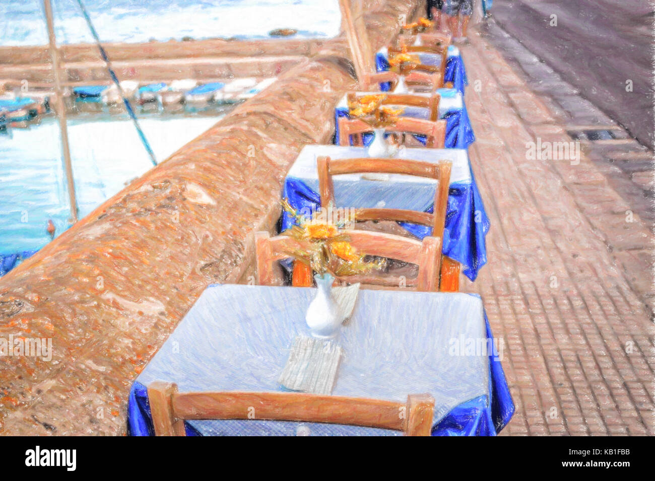 Dinner tables in Italian restaurant on brown stone parapet on the sea bay of Gallipoli (Le) in Italy in a summer sunny day: plastic fake yellow flower Stock Photo