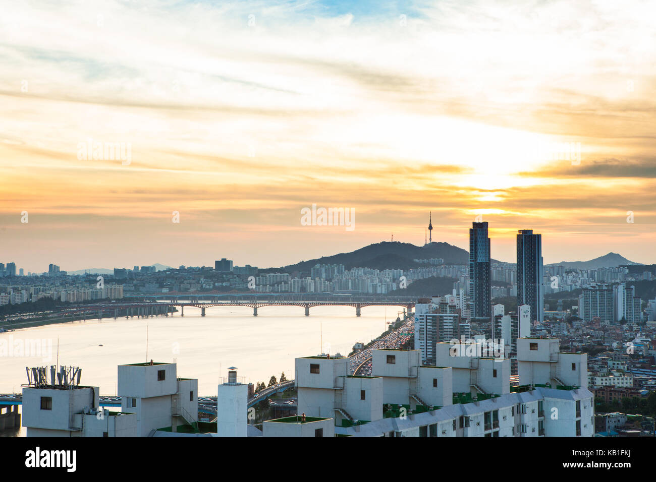 City Landscape of Seoul, South Korea during Sunset Time. Stock Photo