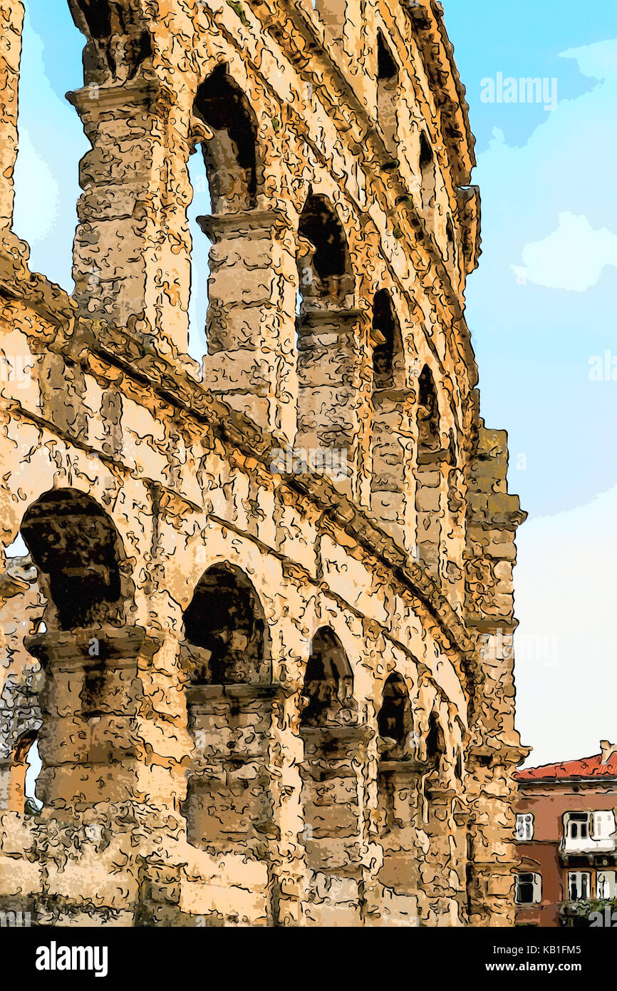 Architecture details of the Roman amphitheatre in Pula, Croatia, an arena similar to Colosseum of Rome Stock Photo