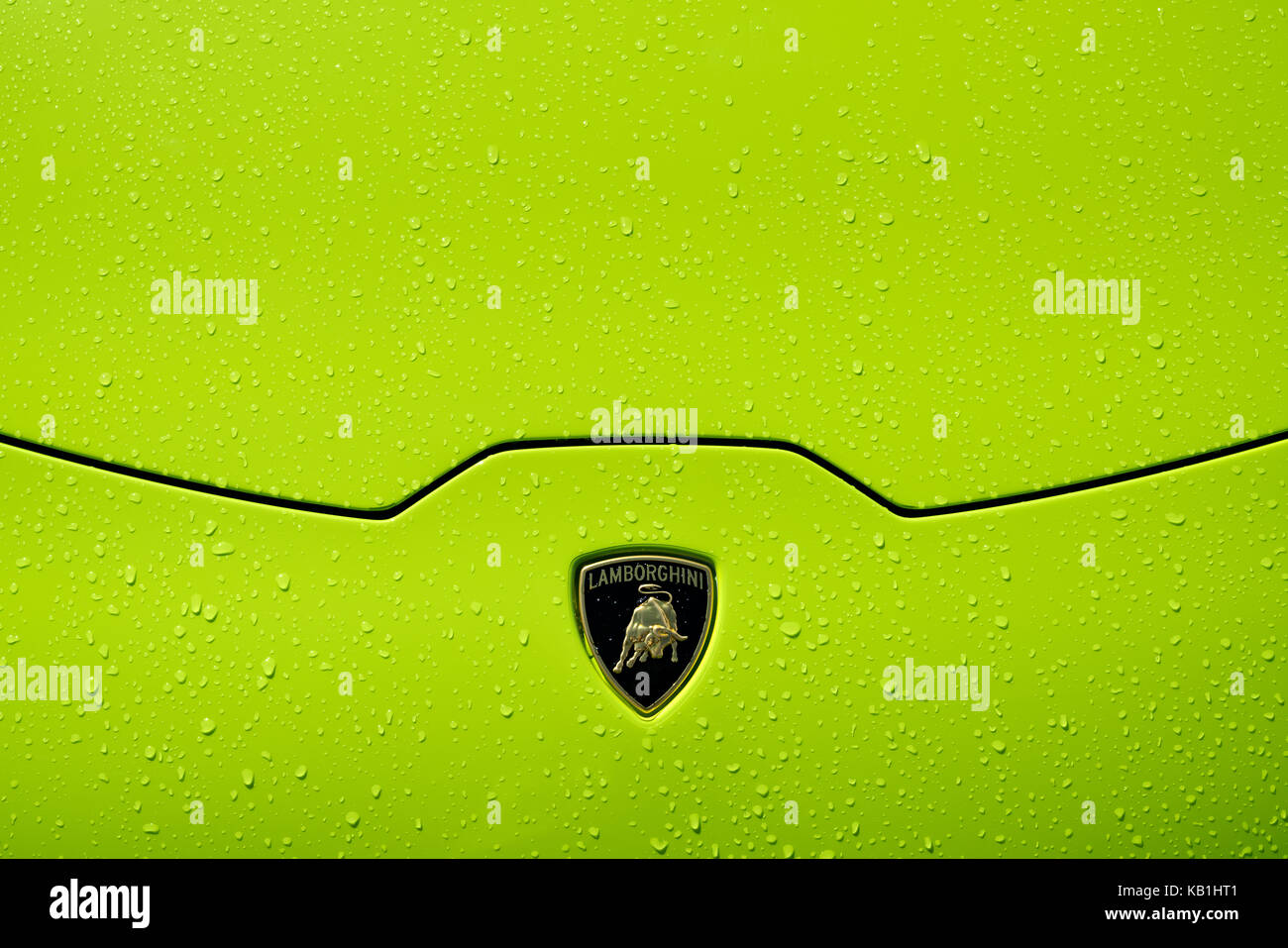 Lamborghini Huracán LP 610-4 bonnet detail with badge, lime green paintwork and raindrops. Stock Photo